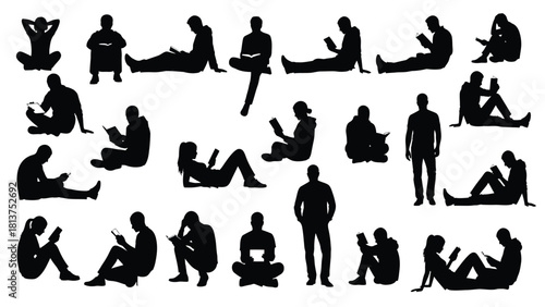 People Reading Vector Silhouettes Set. Men and Women Sitting, Lying, or Standing While Reading Books, E-readers, or Mobile Phones.