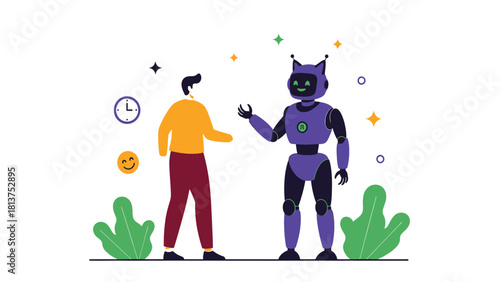 Friendly Robot Chatbot Assistant and Human Interaction Vector Illustration for AI Customer Service Concept