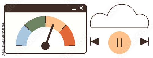 Color-coded speedometer gauge with needle pointing, cloud icon, and media playback buttons. Ideal for performance, cloud storage, streaming, speed, technology optimization multimedia. Simple flat