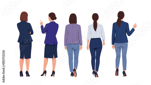Five Business Women Characters Standing Back View Set. Professional Corporate Female Executives in Various Poses and Attire, Vector Illustration Collection.