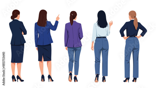 Group of Five Businesswomen Standing Back View Vector Illustration Set