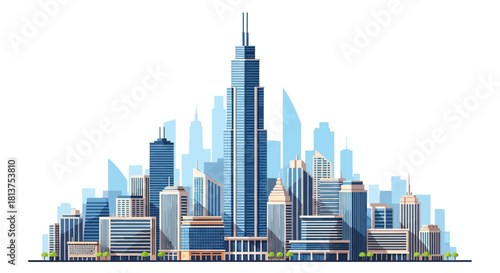 Stylized metropolitan architecture landscape with modern glass skyscrapers and city towers isolated on a white background