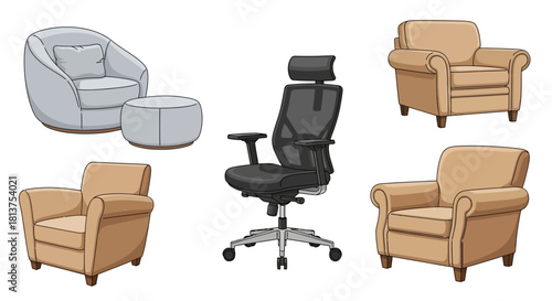 Diverse Collection of Cozy and Modern Chairs Illustrated Seating Solutions for Home, Office, and Lounge Spaces