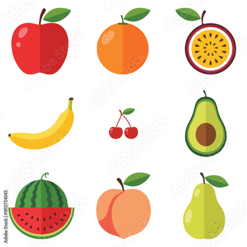 Collection of colorful fruit icons on a white background. Includes an apple, orange, passion fruit, banana, cherries, avocado, watermelon, peach, and pear.