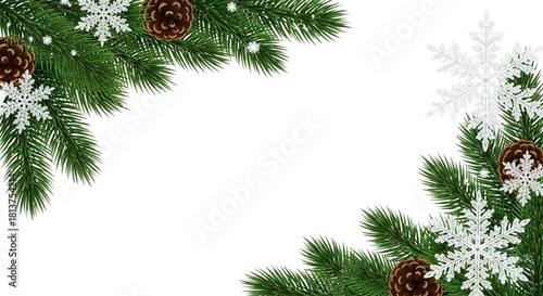 Christmas fir branch corner border decoration with pine cone and white snowflake element isolated on transparent background