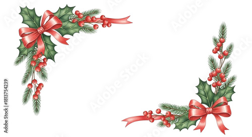 Watercolor illustration of two christmas holly corner decorations with red ribbon bow and pine branch isolated on transparent background for holiday design