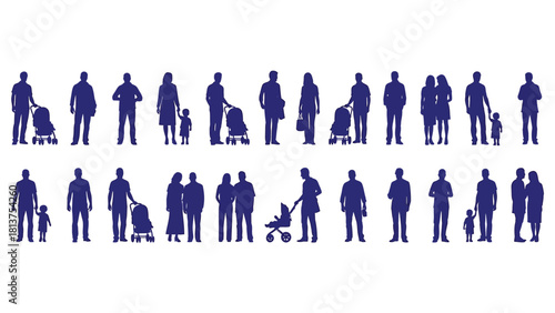 Diverse Standing People Silhouettes Collection - Vector Illustration of Individuals, Couples, and Families with Strollers