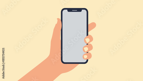 Hand Holding Modern Frameless Smartphone Mockup with Blank Screen. Vector Illustration of Mobile Phone Isolated on Beige Background for UI/UX Design Showcase.