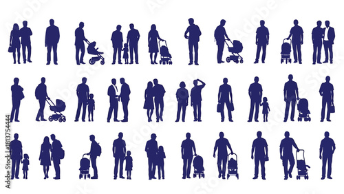 Large Set of Various People Silhouettes: Adults, Couples, Families with Strollers and Children - Vector Illustration Collection