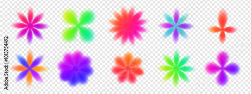 Gradient abstract flower set with y2k blur shapes and holographic aura on transparent background. Cute gradient flower y2k design in pink, blue, and neon tones for aesthetic vector compositions.