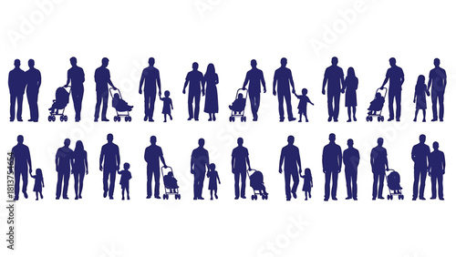 Collection of diverse family silhouettes, including parents walking with children and pushing strollers. Vector illustration set of people figures.