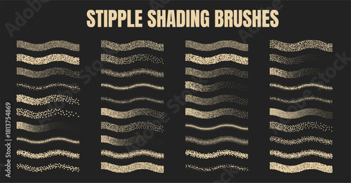 Stipple Shading Brushes. Digital set with diverse dot textures, halftone patterns, and granular effects for illustrations