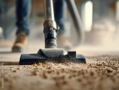 Vacuum cleaner removing fine dust and debris from a dirty carpet during a home cleaning session with focus on the nozzle and floor particles flying in the air