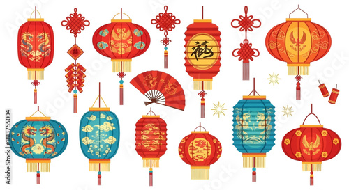 Vibrant Chinese New Year Decorations Set with Ornate Lanterns, Firecrackers, and Fan for Festive Cultural Celebrations