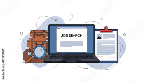 Online Job Search and Career Relocation Concept Vector Illustration with Laptop, Resume, and Suitcases