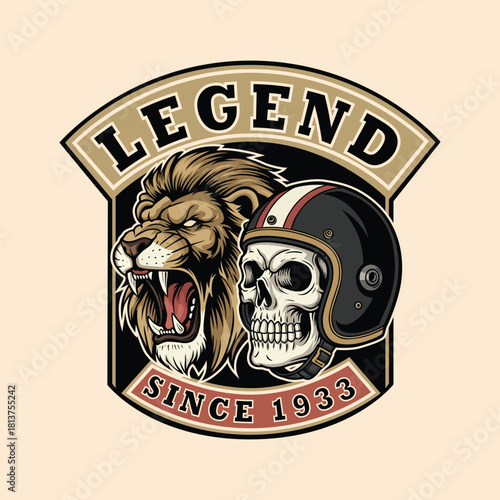 Legendary Biker Club Vibe with Lion and Skull in Helmet Since 1933, Perfect for Tattoo Design, Apparel, and Motorcycle Culture Enthusiasts