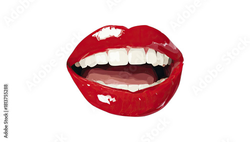 Open red lips with white teeth, reflecting light on black background