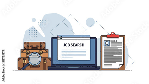 Online Job Search and Career Change Concept Vector Illustration. Searching for Employment Opportunities and Writing a Professional Resume