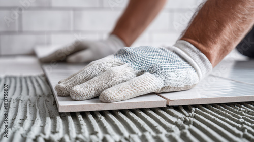 Worker wearing protective gloves installing white ceramic tiles on floor with adhesive mortar in home renovation project interior setting
