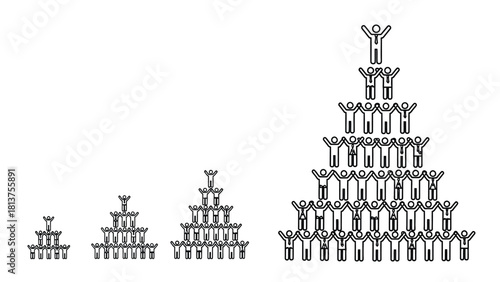 Scaling Business Teamwork Pyramid Structures. Outline Vector Icon Set Representing Hierarchy, Success, Organization, and Growth Stages.
