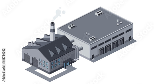 Industrial factory building with smokestack and loading docks, representing manufacturing and production processes