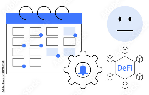 Calendar icon with marked events, a notification gear with a bell, a neutral blue face, and a decentralized finance network structure with nodes. Ideal for scheduling, technology, emotion