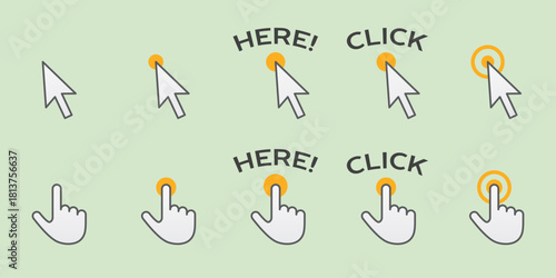 Animated cursor icons showing clicking action and hover effects
