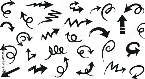 Variety of hand drawn scribble doodle arrows pointing in all directions
