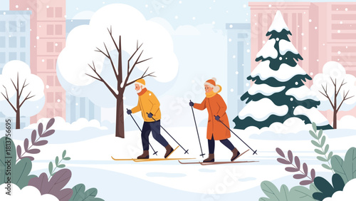Active Senior Couple Cross-Country Skiing in Snowy City Park Vector Illustration
