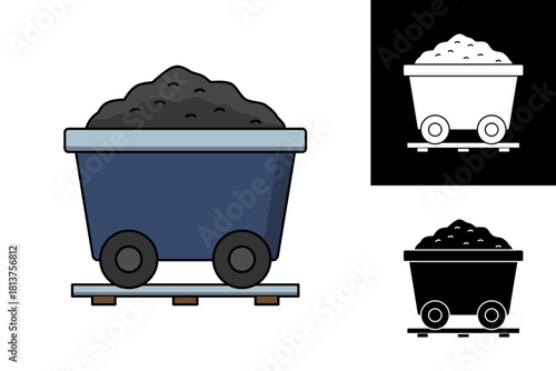 Vector Illustration of a Mine Cart Laden with Coal, Symbolizing Energy Resources and Industrial Mining Operations