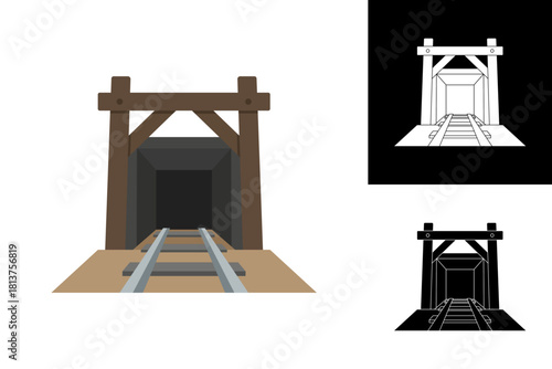 Vector illustration of a traditional mine entrance with sturdy wooden supports and railway tracks, leading into a dark underground tunnel, symbolizing industrial resource extraction