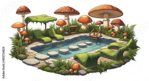 A natural swimming pool nestled among mushrooms with clear water, stepping stones, and a wooden ladder. A whimsical recreational space illustration, perfect for stickers and fantasy scenes. 