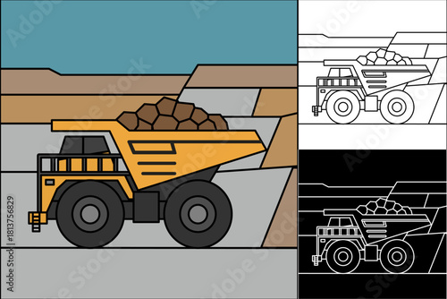 Heavy industrial dump truck transporting raw materials in an open-pit mining operation, a robust vector illustration for various design projects and themes