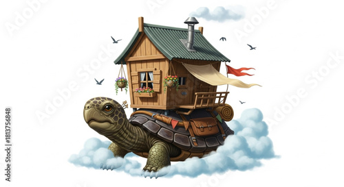 Whimsical illustration of a tiny wooden cottage on a giant turtle's back, with a tin can chimney and hanging flowers. Perfect for fantasy storybooks, sticker designs, and adventure-themed projects.