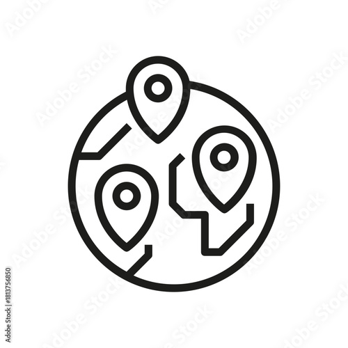 Global location pins on a stylized earth icon
