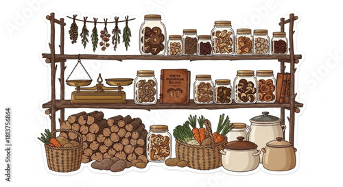 A cozy mushroom pantry with twig shelves, glass jars of dried mushrooms, an old scale, and a recipe book. An illustration of whimsical winter preparation, ideal for stickers and blogs.