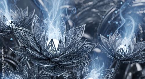 Intricate Metallic Lotus Flowers with Glowing Energy, Artistic Digital Rendering.