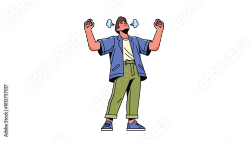 Young Man Taking Deep Breath of Relief or Stress Release with Arms Raised Up