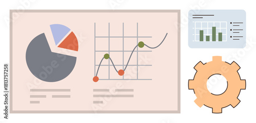 Pie chart, line graph, bar chart, and gear highlight data representation, analysis, and system optimization. Ideal for business strategy, data-driven decisions, statistics reporting tech solutions