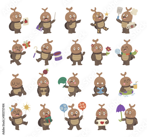 Rhinoceros beetle character set in scandinavian style showing different emotions and poses with book, balloon, flower, gift, umbrella, scarf, sparkler, envelope, snowball, butterfly
