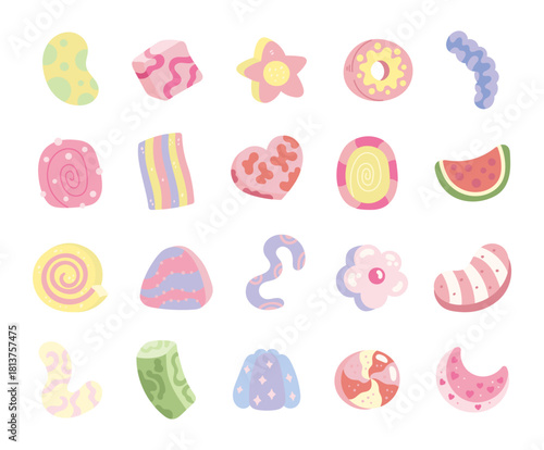 Gummy candy set in scandinavian style showing assorted chewy desserts and jelly sweets with confectionery shapes for festive decoration perfect for your illustration and designs projects