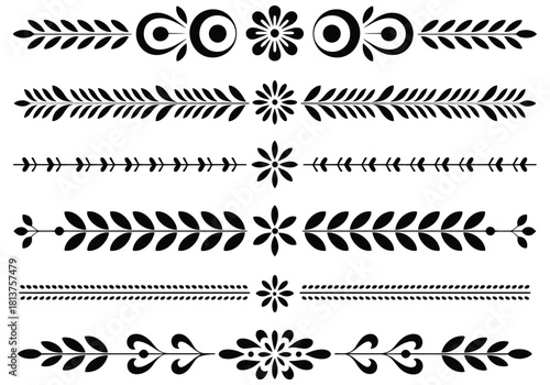 Set of decorative black and white floral and leafy vector borders