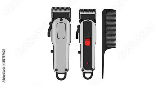 Two professional electric hair clippers, one showing the front and the other the back, alongside a black styling comb on a white background.