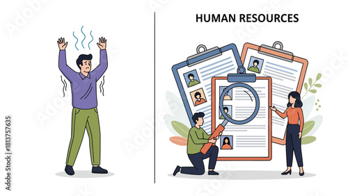 Human Resources Recruitment, Job Search, and Employee Stress Concept Vector Illustration