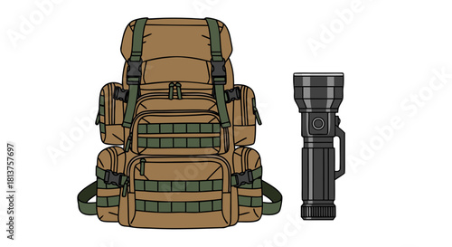 Illustration of a large brown tactical backpack with multiple pockets and straps, next to a black heavy-duty flashlight, essential gear for outdoor adventures.