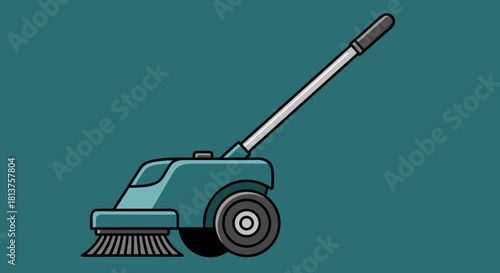 Illustration of a teal floor cleaning machine with a brush and a long handle on a solid teal background.