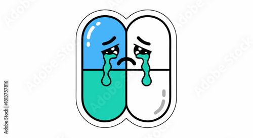 Two cartoon pill capsules, one blue and one white, connected and crying with sad faces, on a white background.