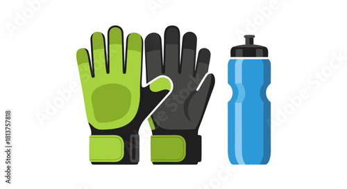 Pair of green and black sports gloves next to a blue water bottle on a white background.
