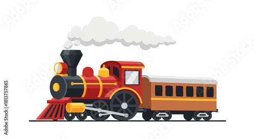 A cartoon illustration of a vintage red and black steam train with a brown passenger car, emitting white smoke, on a white background.