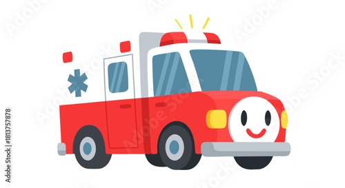 A cute cartoon red and white ambulance with a smiling face and flashing siren.